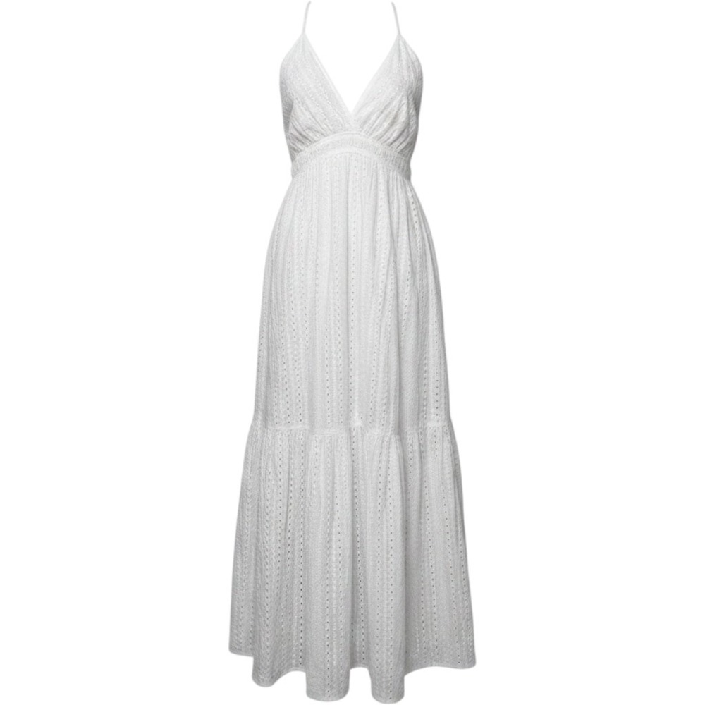 Hunter & Brown Premiun White Eyelet Maxi Dress with V-Neck cottage summer